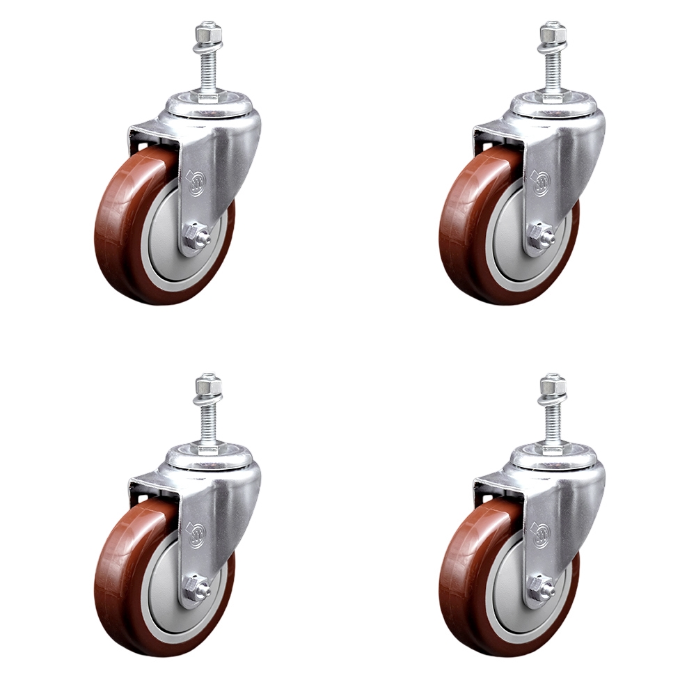SCC-SSTS20S414-PPUB-MRN-M1015-4 Stainless Steel Polyurethane Swivel Threaded Stem Caster with 4 x 1.25 in. Maroon Wheels & 10 mm Stems - Set of 4