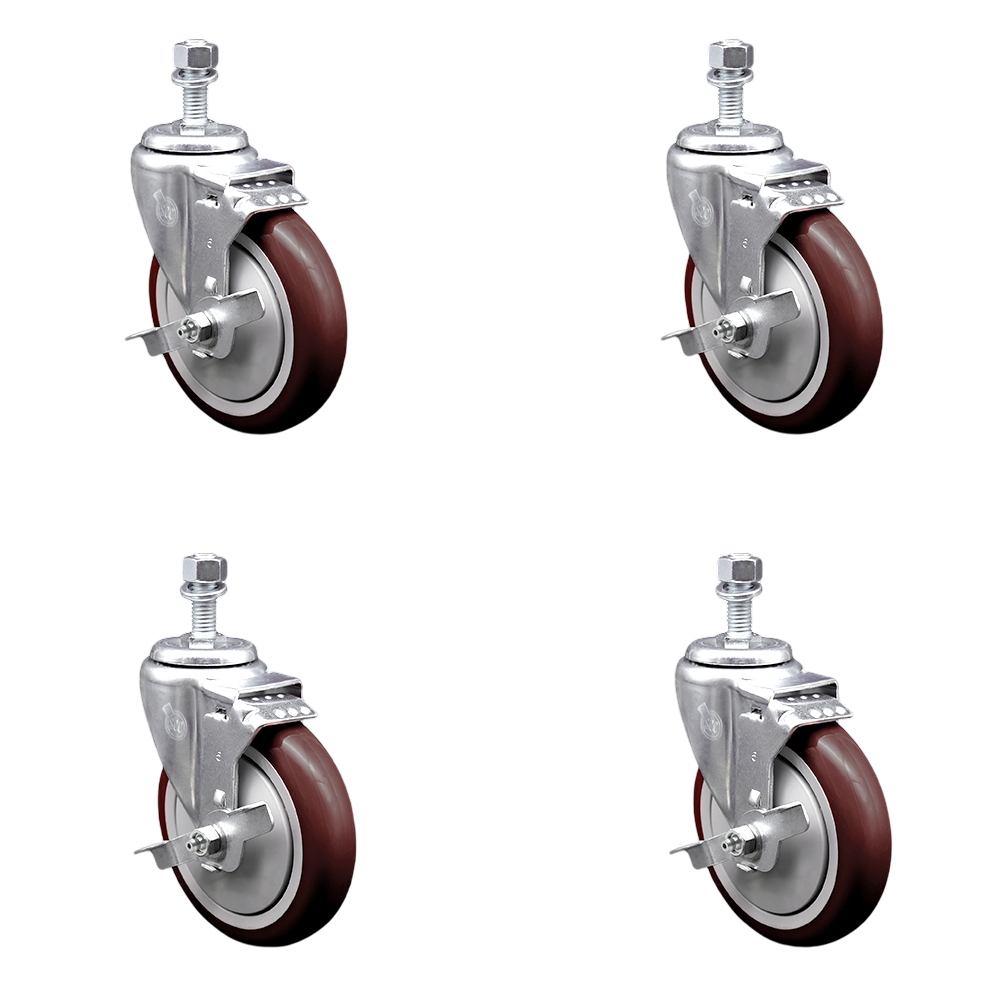 SCC-TS20S514-PPUB-MRN-TLB-M1215-4 Polyurethane Swivel Threaded Stem Caster with 5 x 1.25 in. Maroon Wheels & 12 mm Stems - Set of 4