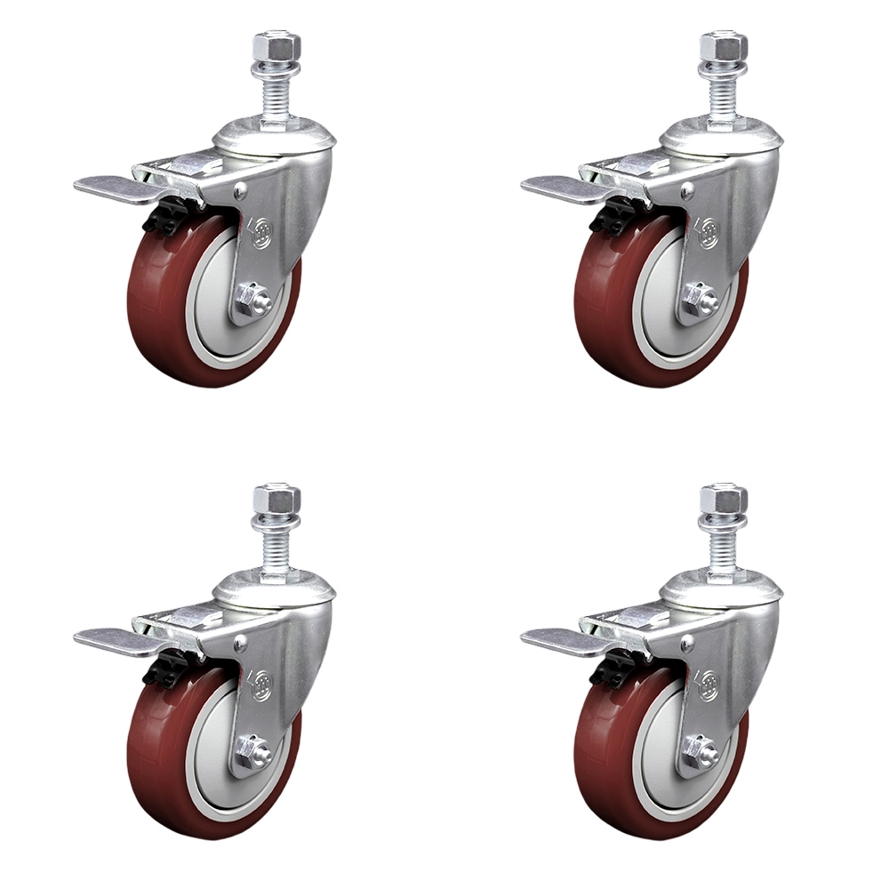 SCC-SSTSTTL20S414-PPUB-MRN-M1215-4 Stainless Steel Polyurethane Swivel Threaded Stem Caster with 4 x 1.25 in. Maroon Wheels & 12 mm Stems - Set of 4