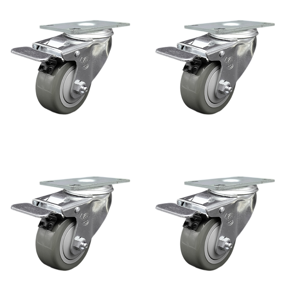 SCC-SSTTL20S314-PPUB-4 Stainless Steel Polyurethane Swivel Top Plate Caster with 3 x 1.25 in. Gray Wheels - Set of 4