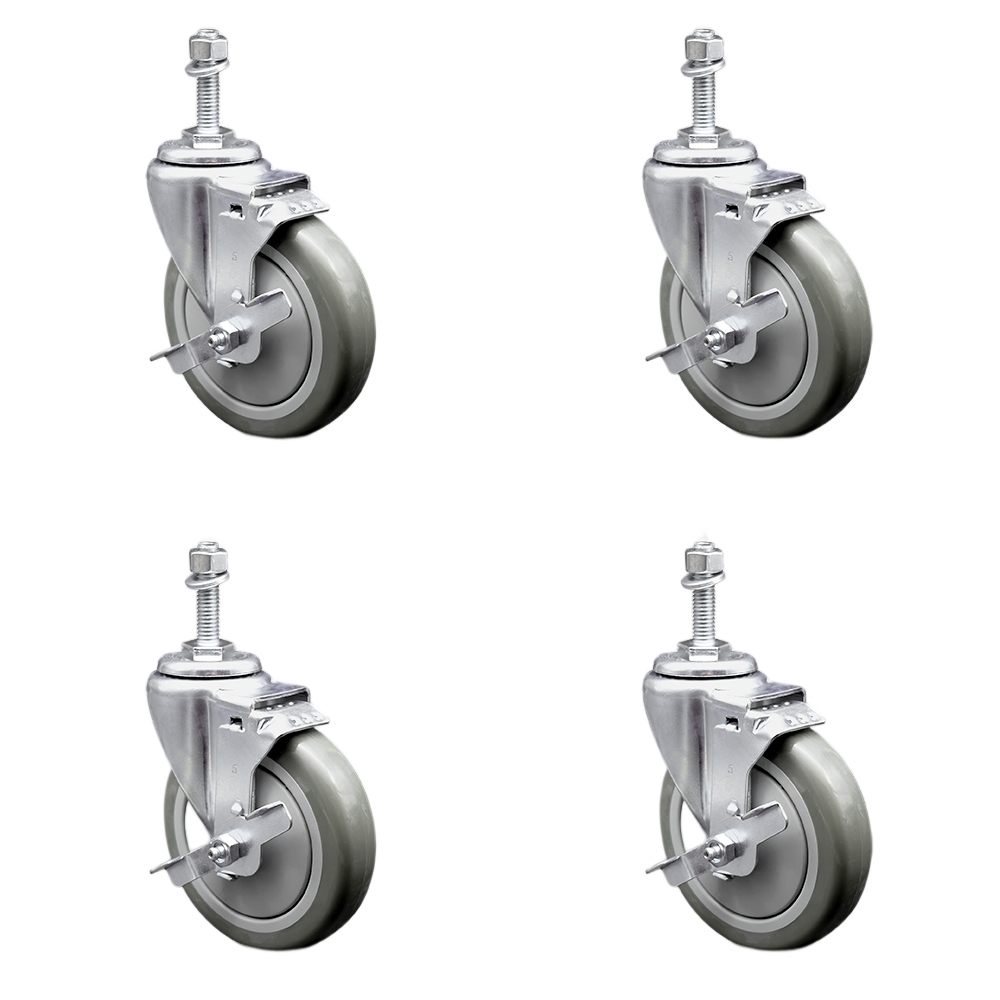 SCC-SSTS20S514-PPUB-TLB-381615-4 Stainless Steel Polyurethane Swivel Threaded Stem Caster with 5 x 1.25 in. Gray Wheels & 0.38 in. Stems - Set of 4