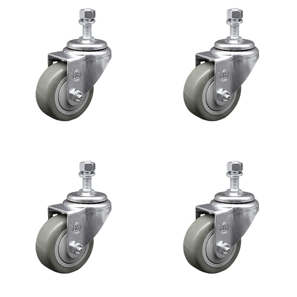SCC-SSTS20S3514-PPUB-M1215-4 Stainless Steel Polyurethane Swivel Threaded Stem Caster with 3.5 x 1.25 in. Gray Wheels & 12 mm Stems - Set of 4