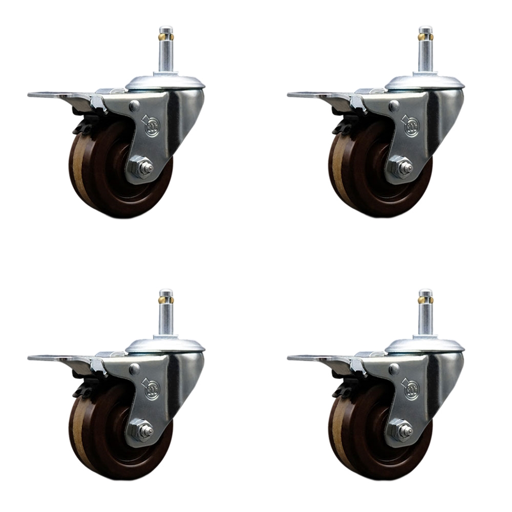 High Temperature Phenolic Swivel Grip Ring Stem Caster with Roller Bearing with 4 x 1.25 in. Brown Wheels & 0.43 in. Stems - Set of 4