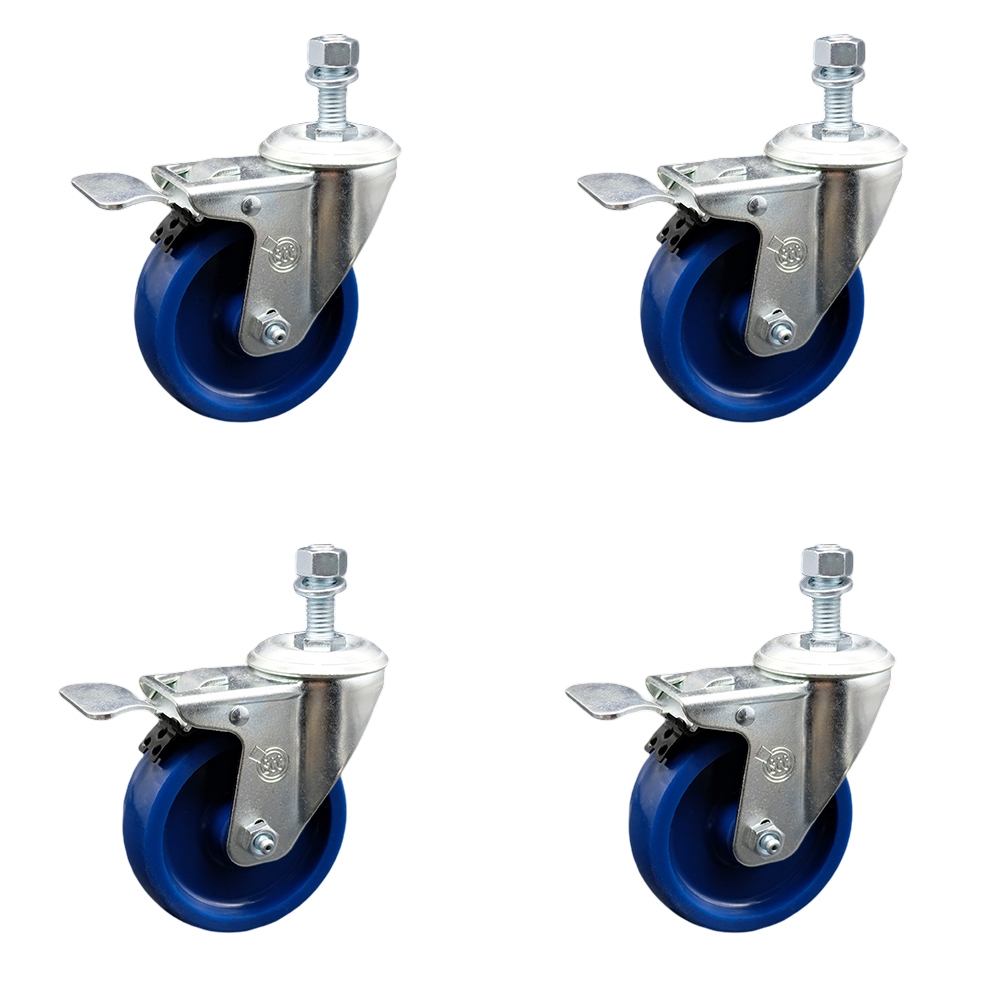 Stainless Steel Solid Polyurethane Swivel Threaded Stem Caster with 4 x 1.25 in. Blue Wheels & 0.5 in. Stems - Set of 4