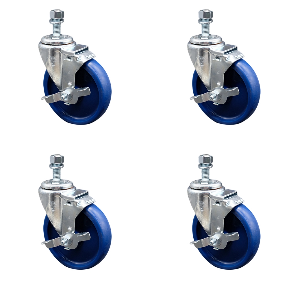 Stainless Steel Solid Polyurethane Swivel Threaded Stem Caster with 5 x 1.25 in. Blue Wheels & 0.38 in. Stems - Set of 4