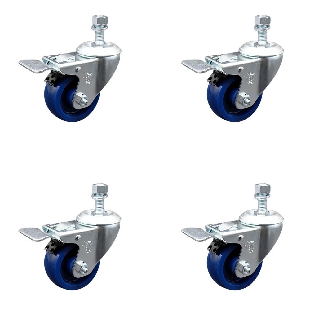 SCC-SSTSTTL20S314-SPUS-M1015-4 Stainless Steel Solid Polyurethane Swivel Threaded Stem Caster with 3 x 1.25 in. Blue Wheels & 10 mm Stems - Set of 4