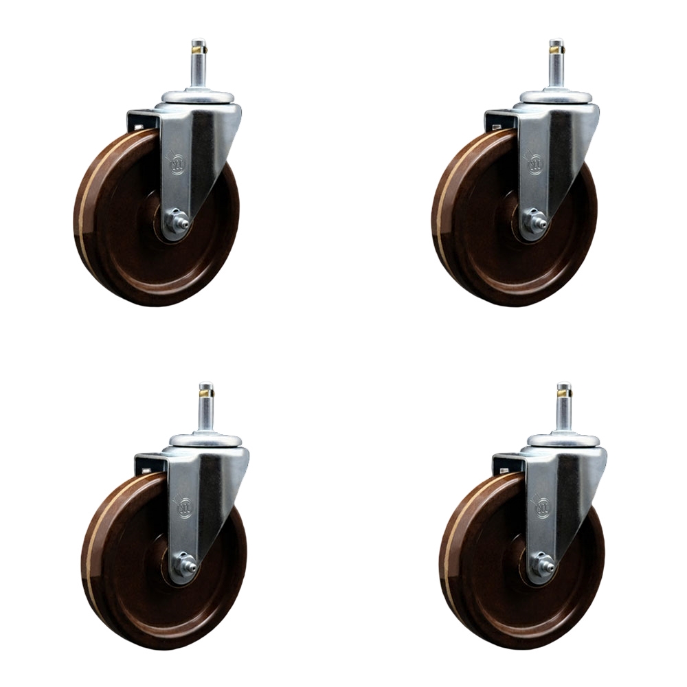 High Temperature Phenolic Swivel Grip Ring Stem Caster with Roller Bearing with 5 x 1.25 in. Brown Wheels & 0.43 in. Stems - Set of 4