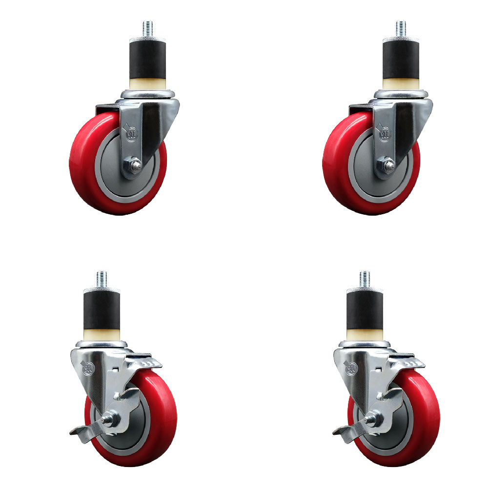 SCC-EX20S414-PPUB-RED-2-TLB-2-178 Polyurethane Swivel Expanding Stem Caster with 4 in. Red Wheels & 1.87 in. Stems - Set of 4