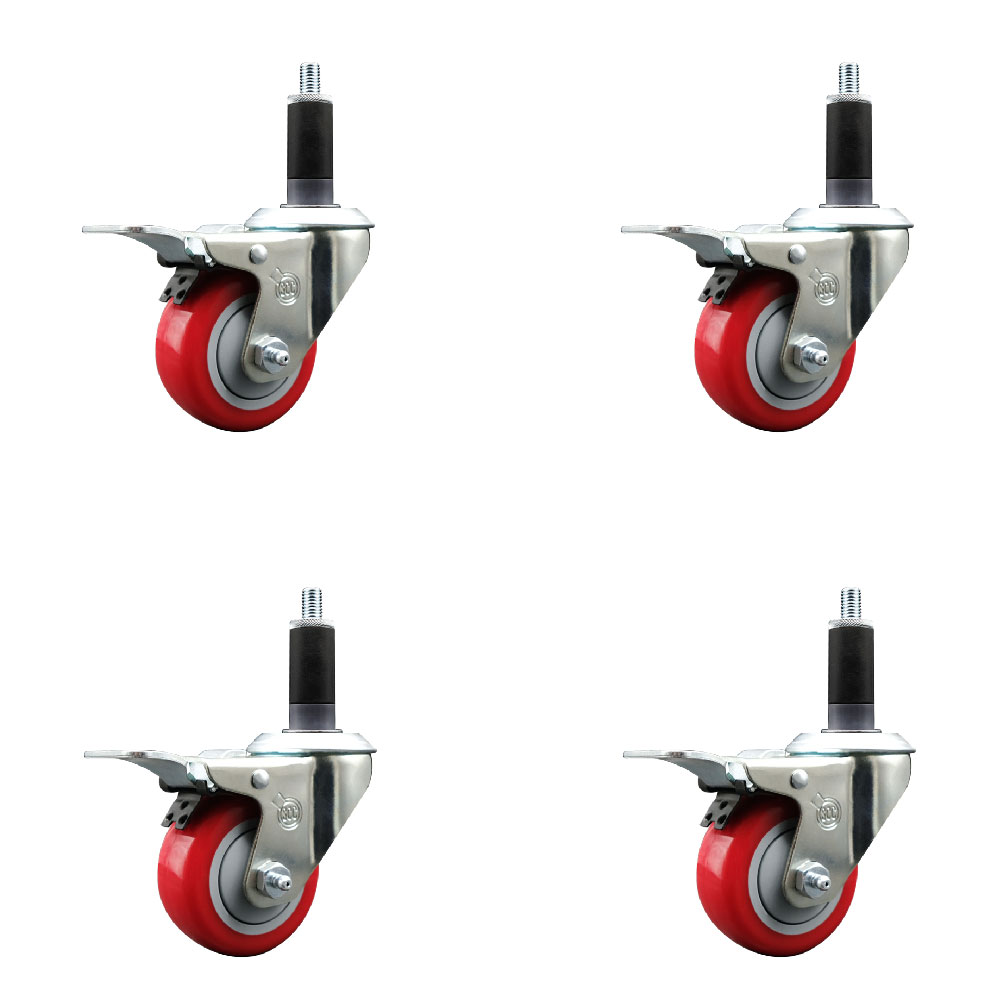 SCC-EXTTL20S314-PPUB-RED-118-4 Polyurethane Swivel Expanding Stem Caster with 3 in. Red Wheels & 1.13 in. Stems - Set of 4
