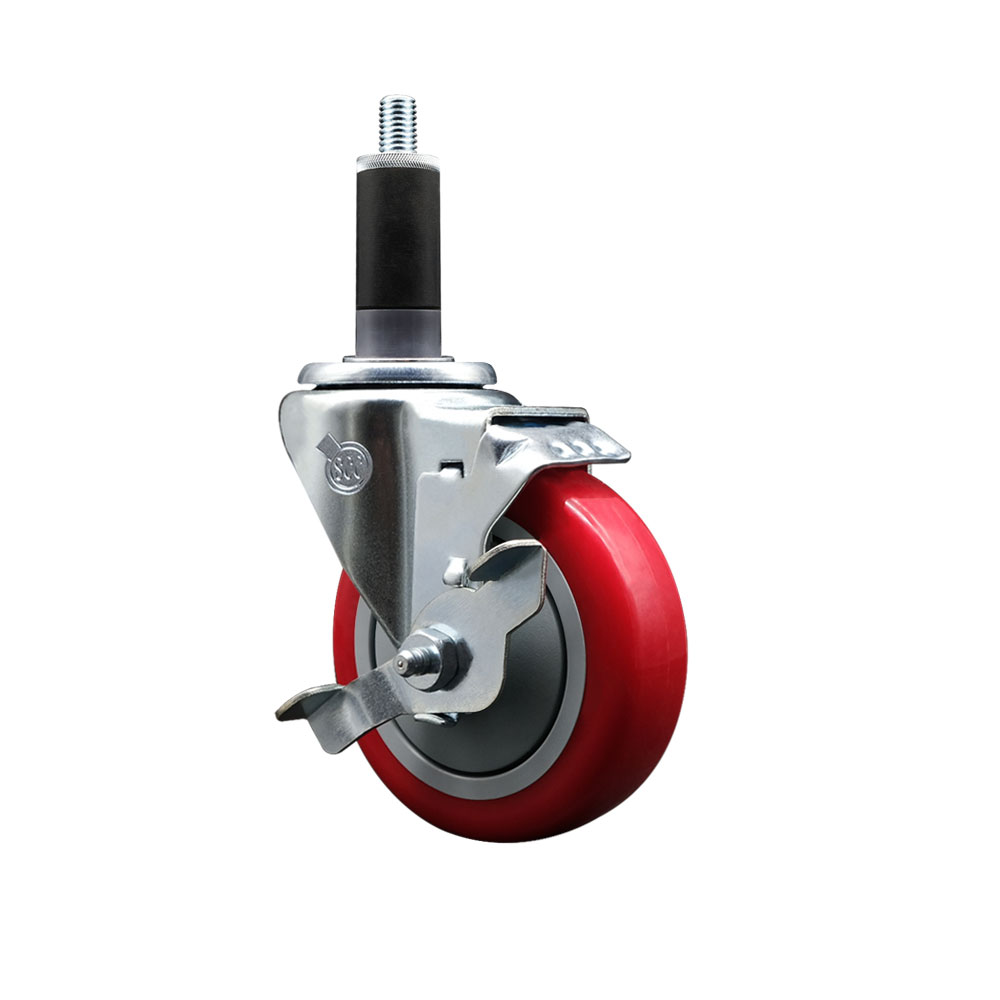 SCC-EX20S414-PPUB-RED-TLB-118 Polyurethane Expanding Stem Swivel Caster with 4 in. Red Wheel & 1.13 in. Stem & Top Locking Brake