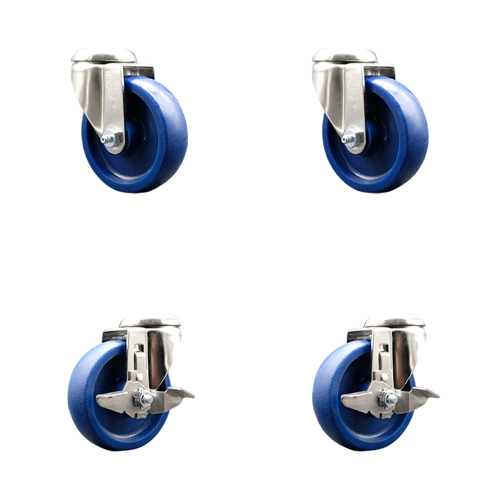 SCC-SS316BH20S414-SPUS-2-TLB-2 Solid Polyurethane Swivel Bolt Hole Caster with 4 in. Blue Caster Wheels - 316 Stainless Steel Casters - Set of 4