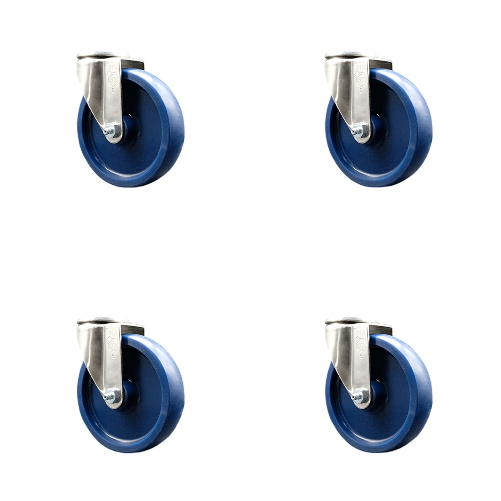 SCC-SS316BH20S514-SPUS-4 Solid Polyurethane Swivel Bolt Hole Caster with 5 in. Blue Caster Wheels - 316 Stainless Steel Casters - Set of 4