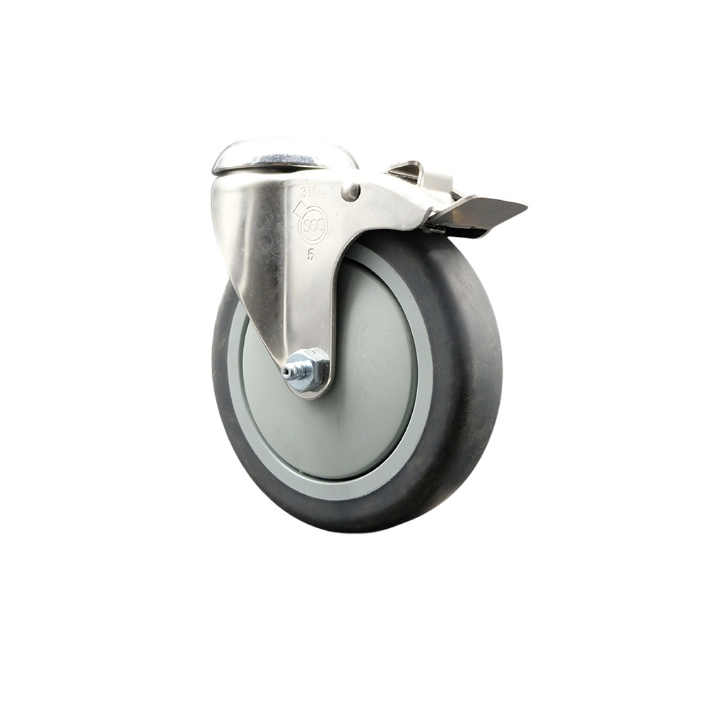 SCC-SS316BHTTL20S514-TPRB Thermoplastic Rubber Swivel Bolt Hole Caster with 5 in. Gray Caster Wheel & Total Lock Brake - 316 Stainless Steel Caster