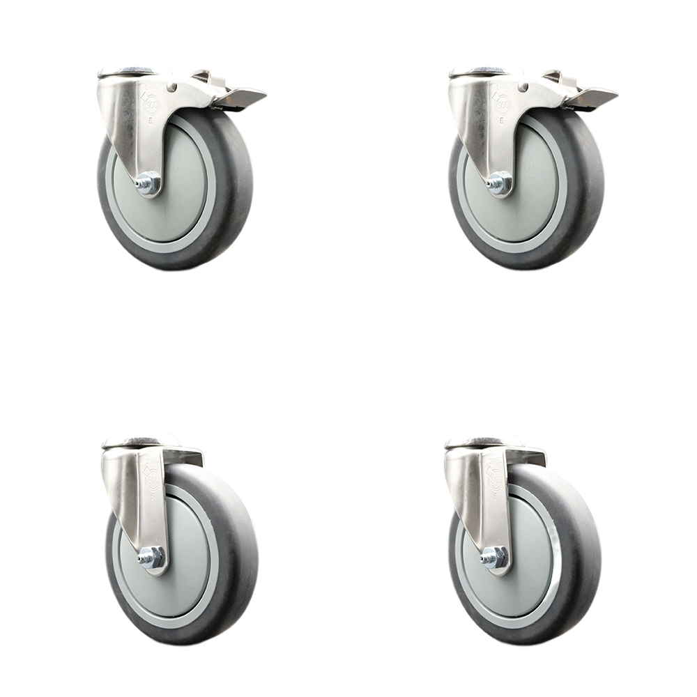 SCC-SS316BHTTL20S514-TPRB-2-S-2 Thermoplastic Rubber Swivel Bolt Hole Caster with 5 in. Gray Caster Wheels - 316 Stainless Steel Casters - Set of 4