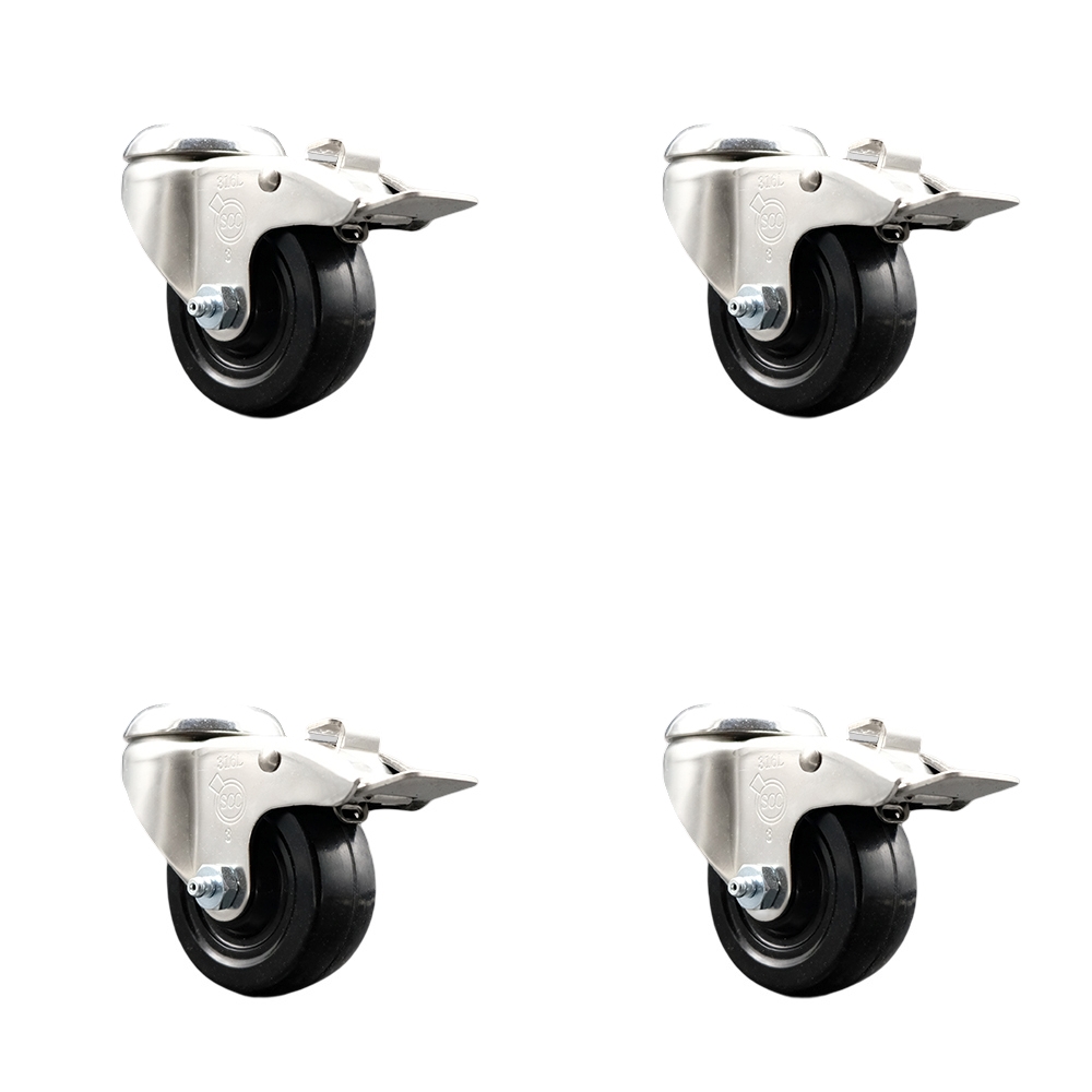 SCC-SS316BHTTL20S3514-SRS-4 Soft Rubber Swivel Bolt Hole Caster with 3.5 in. Black Caster Wheels - 316 Stainless Steel Caster - Set of 4