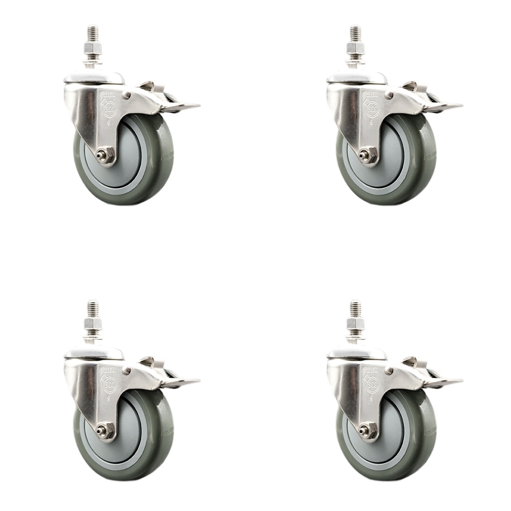 Polyurethane Swivel Stem Caster with 4 in. Gray Caster Wheels, 0.5 in. Threaded Stems - 316 Stainless Steel Casters - Set of 4