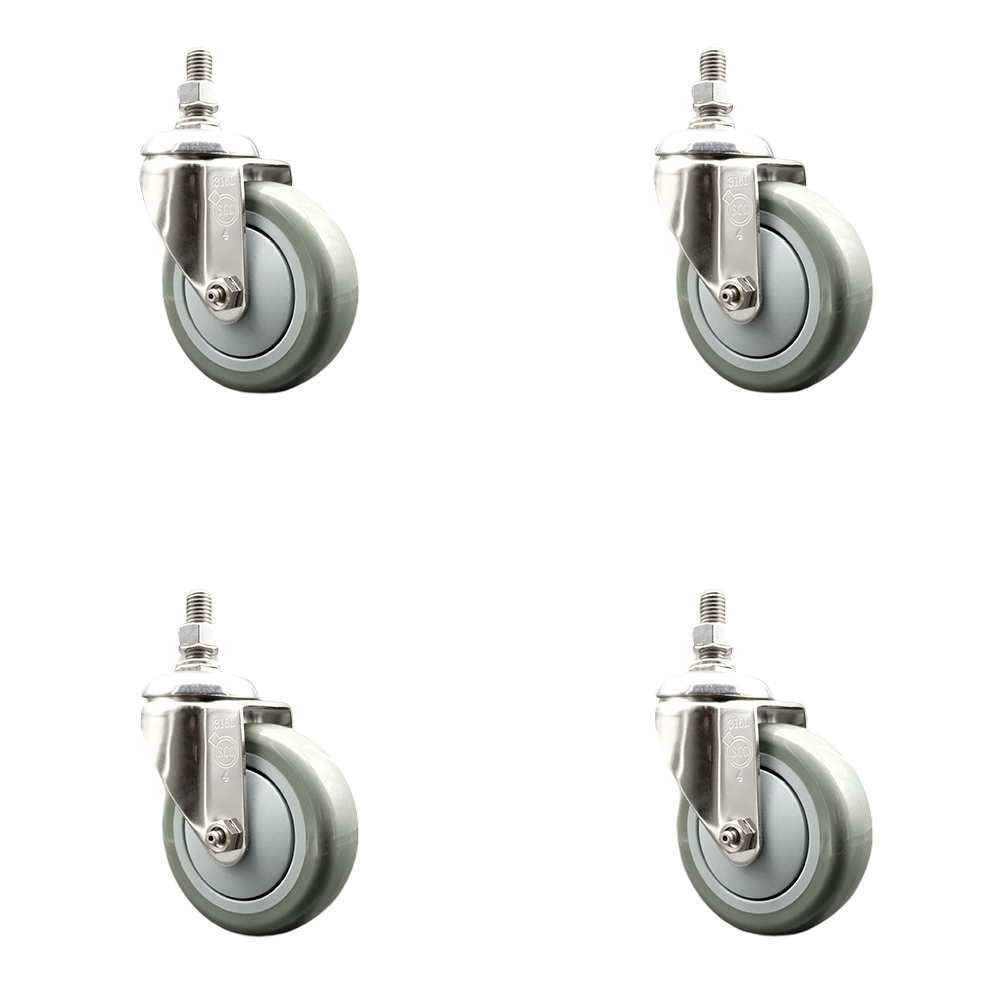 Polyurethane Swivel Stem Caster with 4 in. Gray Caster Wheels, 0.38 in. Threaded Stems - 316 Stainless Steel Casters - Set of 4