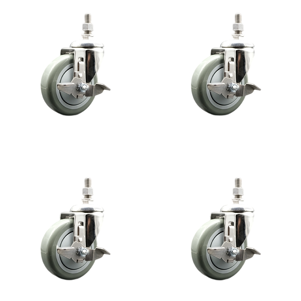 Polyurethane Swivel Stem Caster with 4 in. Gray Caster Wheels, 0.38 in. Threaded Stems - 316 Stainless Steel Casters - Set of 4
