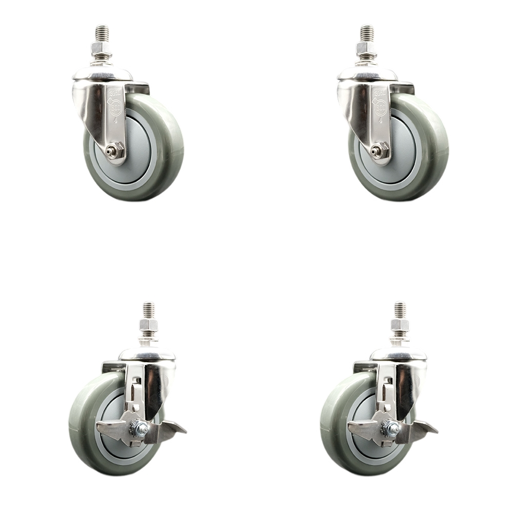 Poly Swivel Stem Caster with 4 in. Gray Caster Wheels, 10 mm Threaded Stems - 316 Stainless Steel Casters - Set of 4