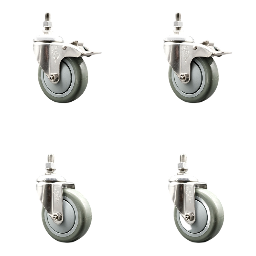 Poly Swivel Stem Caster with 4 in. Gray Caster Wheels, 10 mm Threaded Stems - 316 Stainless Steel Casters - Set of 4