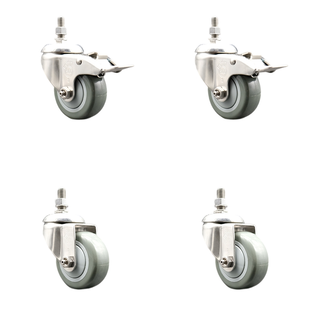 Poly Swivel Stem Caster with 3.5 in. Gray Caster Wheels, 12 mm Threaded Stem - 316 Stainless Steel Caster - Set of 4