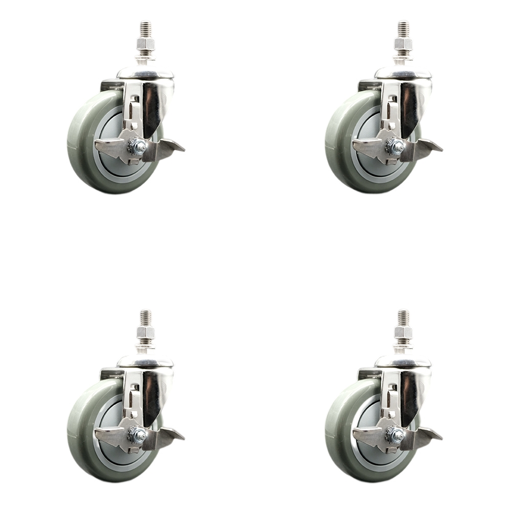Polyurethane Swivel Stem Caster with 4 in. Gray Caster Wheels, 12 mm Threaded Stems - 316 Stainless Steel Casters - Set of 4