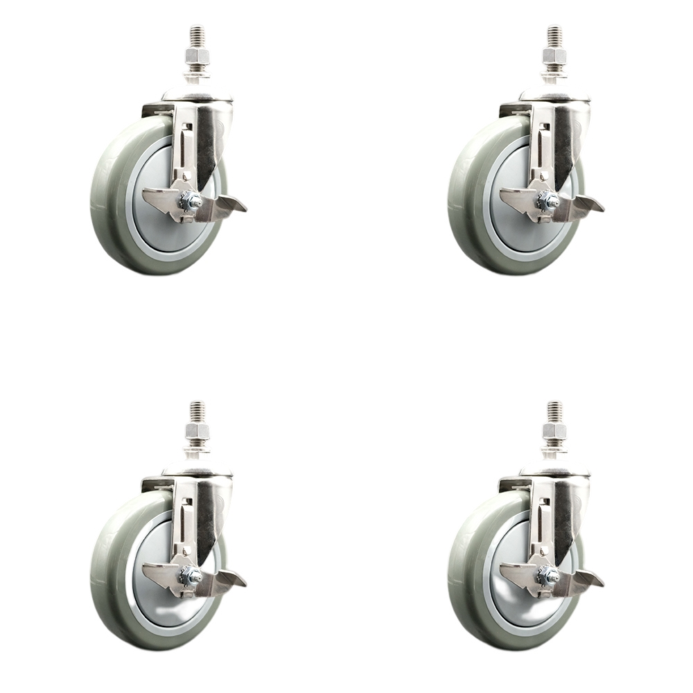 Polyurethane Swivel Stem Caster with 5 in. Gray Caster Wheels, 12 mm Threaded Stems - 316 Stainless Steel Casters - Set of 4