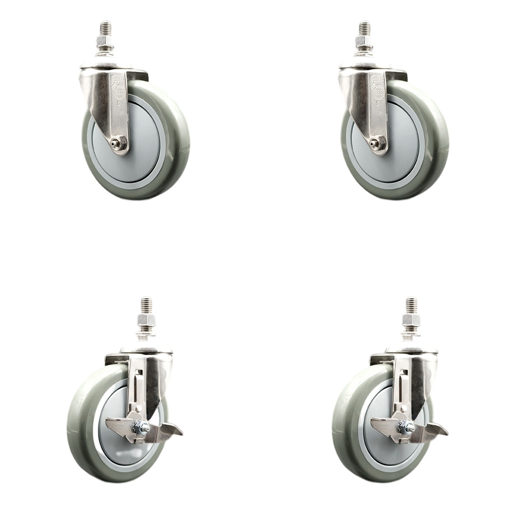 Poly Swivel Stem Caster with 5 in. Gray Caster Wheels, 12 mm Threaded Stems - 316 Stainless Steel Casters - Set of 4