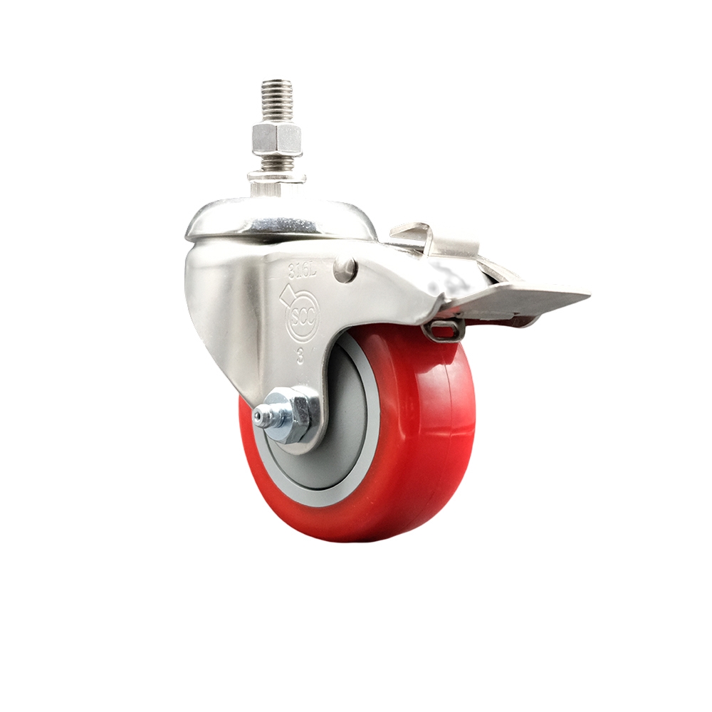 Polyurethane Swivel Stem Caster with 3 in. Red Caster Wheels & Total Lock Brake, 0.5 in. Threaded Stem - 316 Stainless Steel Caster