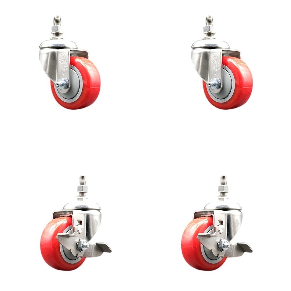 Poly Swivel Stem Caster with 3 in. Red Caster Wheels, 0.38 in. Threaded Stems - 316 Stainless Steel Casters - Set of 4
