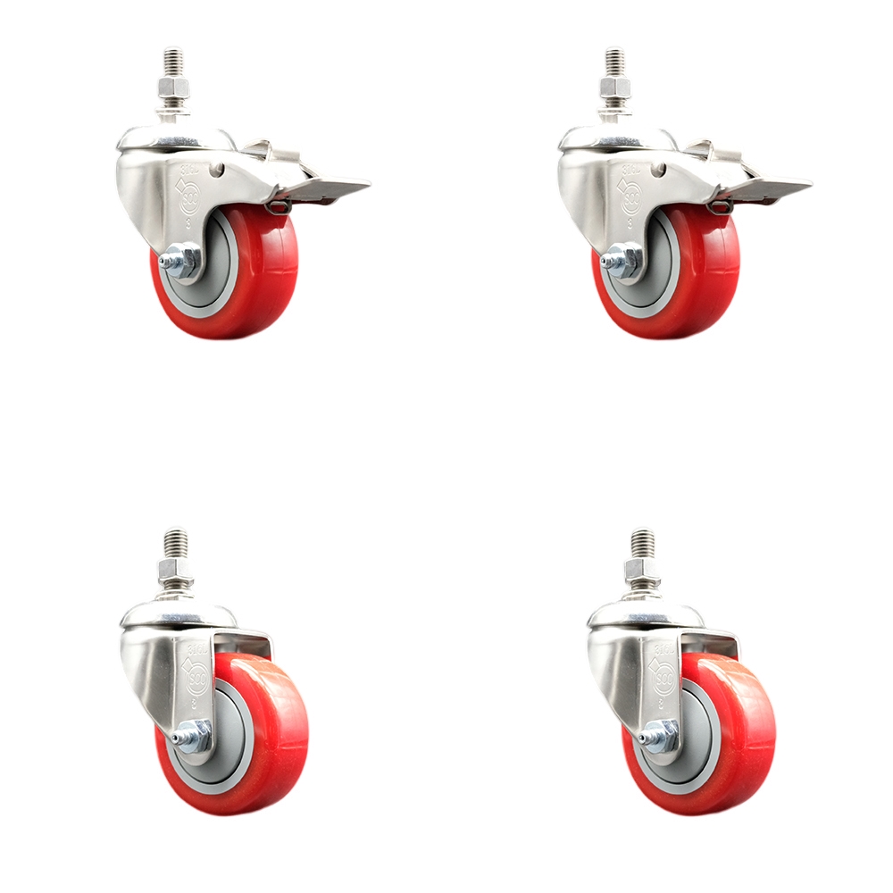 Poly Swivel Stem Caster with 3 in. Red Caster Wheels, 0.38 in. Threaded Stems - 316 Stainless Steel Casters - Set of 4