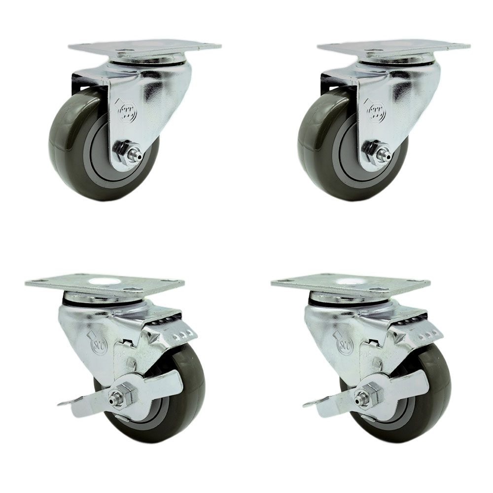 SCC-SS20S3514-PPUB-2-TLB-2 Stainless Steel Polyurethane Swivel Top Plate Caster with 3.5 x 1.25 in. Gray Wheels - Set of 4