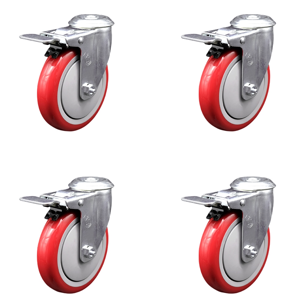SCC-SSBHTTL20S514-PPUB-RED-4 Stainless Steel Polyurethane Swivel Bolt Hole Caster with 5 x 1.25 in. Red Wheels - Set of 4
