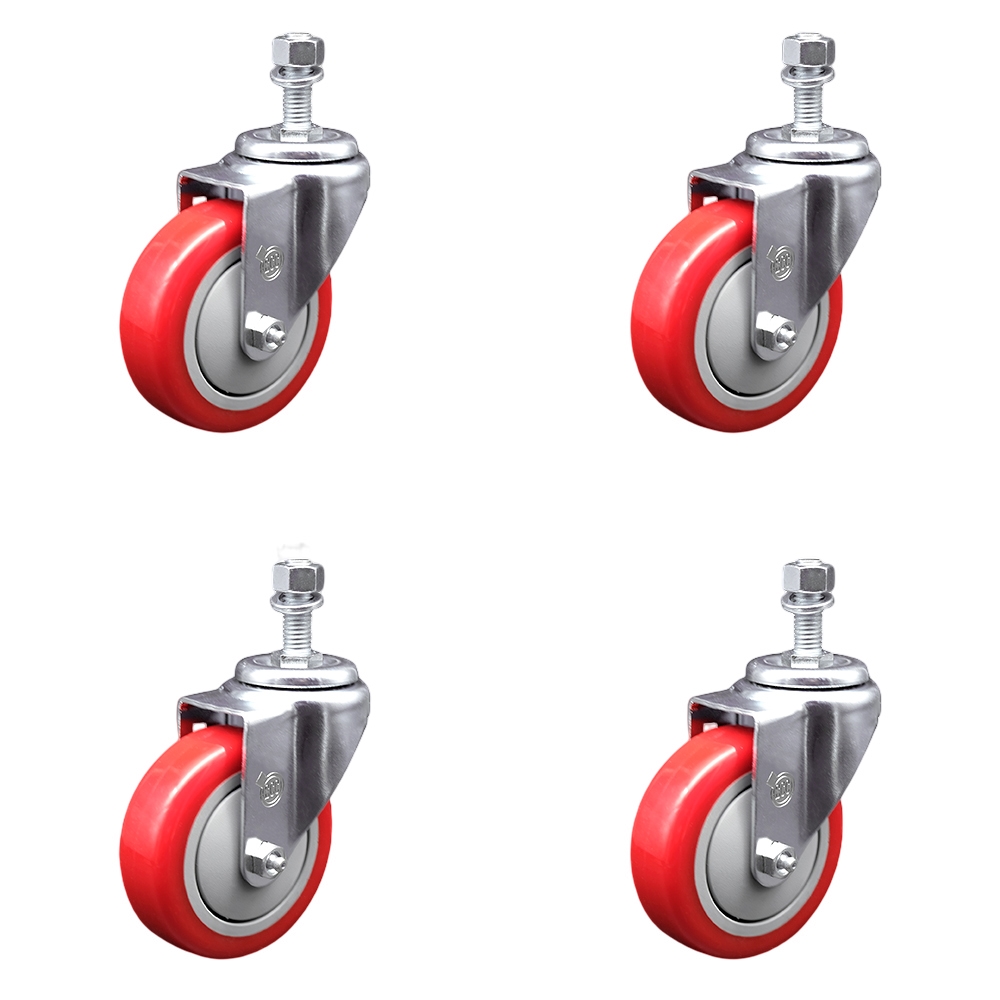 SCC-SSTS20S414-PPUB-RED-121315-4 Stainless Steel Polyurethane Swivel Threaded Stem Caster with 4 x 1.25 in. Red Wheels & 0.5 in. Stems - Set of 4