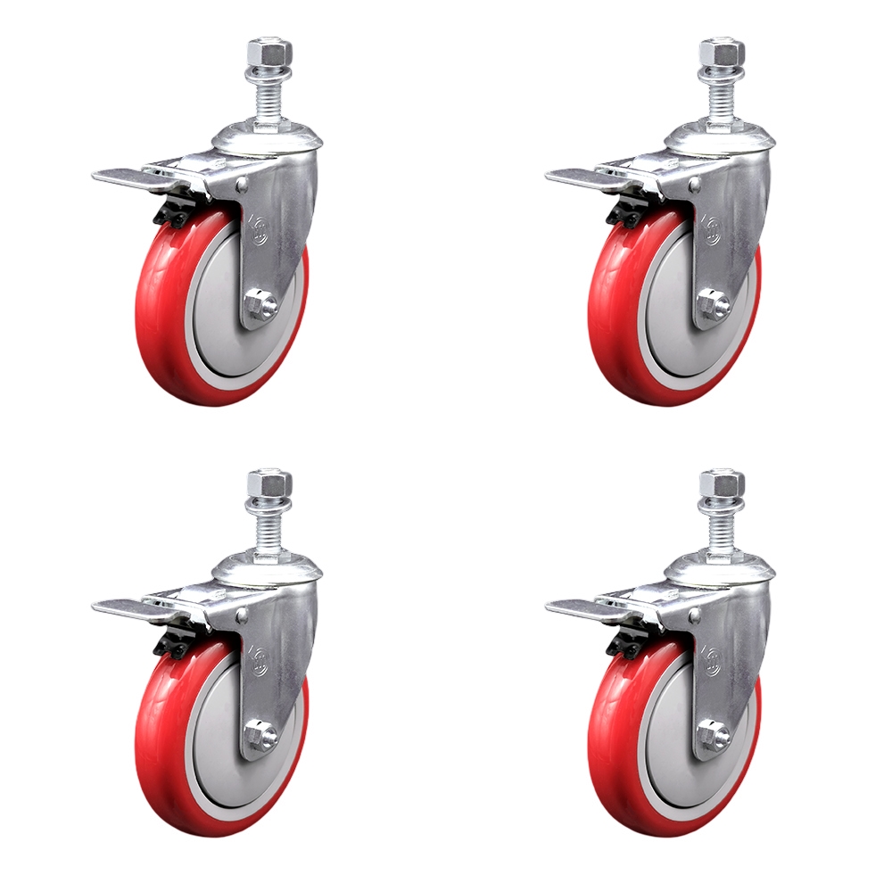 SCC-SSTSTTL20S514-PPUB-RED-121315-4 Stainless Steel Polyurethane Swivel Threaded Stem Caster with 5 x 1.25 in. Red Wheels & 0.5 in. Stems - Set of 4