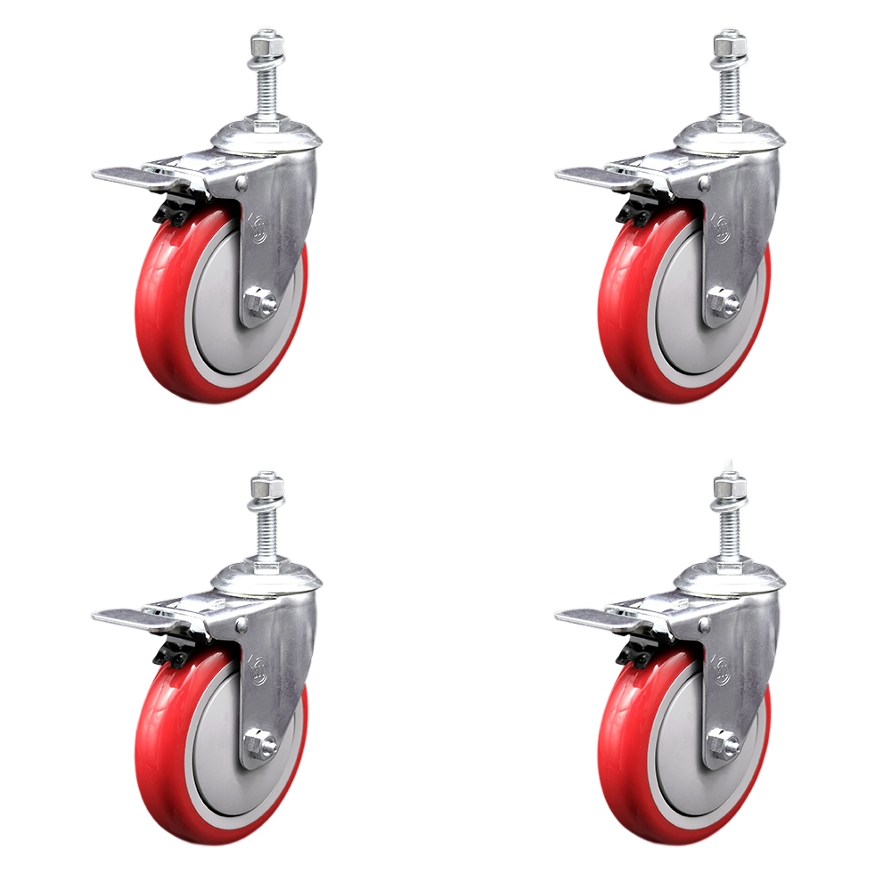 SCC-SSTSTTL20S514-PPUB-RED-381615-4 Stainless Steel Polyurethane Swivel Threaded Stem Caster with 5 x 1.25 in. Red Wheels & 0.38 in. Stems - Set of 4