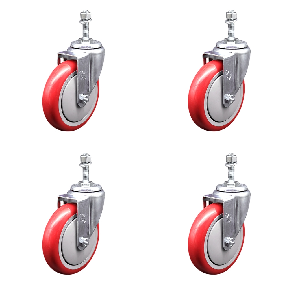SCC-TS20S514-PPUB-RED-M1015-4 Polyurethane Swivel Threaded Stem Caster with 5 x 1.25 in. Red Wheels & 10 mm Stems - Set of 4