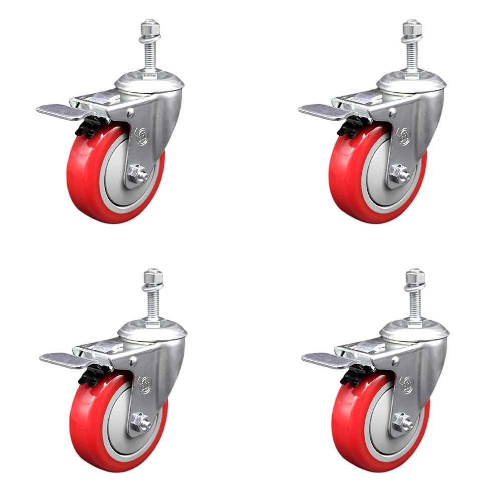 SCC-SSTSTTL20S414-PPUB-RED-M1015-4 Stainless Steel Polyurethane Swivel Threaded Stem Caster with 4 x 1.25 in. Red Wheels & 10 mm Stems - Set of 4