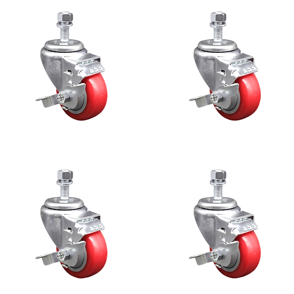 SCC-TS20S314-PPUB-RED-TLB-M1215-4 Polyurethane Swivel Threaded Stem Caster with 3 x 1.25 in. Red Wheels & 12 mm Stems - Set of 4