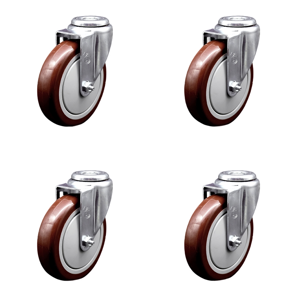 SCC-SSBH20S514-PPUB-MRN-4 Stainless Steel Polyurethane Swivel Bolt Hole Caster with 5 x 1.25 in. Maroon Wheels - Set of 4