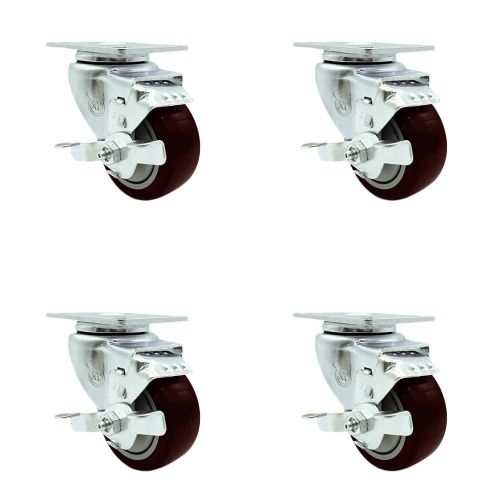 SCC-SS20S314-PPUB-MRN-TLB-4 Stainless Steel Polyurethane Swivel Top Plate Caster with 3 x 1.25 in. Maroon Wheels - Set of 4