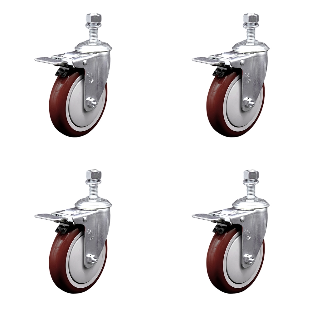 Stainless Steel Polyurethane Swivel Threaded Stem Caster with 5 x 1.25 in. Maroon Wheels & 0.5 in. Stems - Set of 4