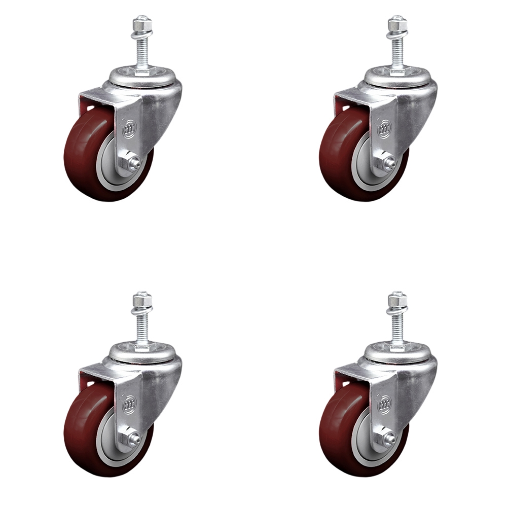 SCC-TS20S314-PPUB-MRN-M1015-4 Polyurethane Swivel Threaded Stem Caster with 3 x 1.25 in. Maroon Wheels & 10 mm Stems - Set of 4