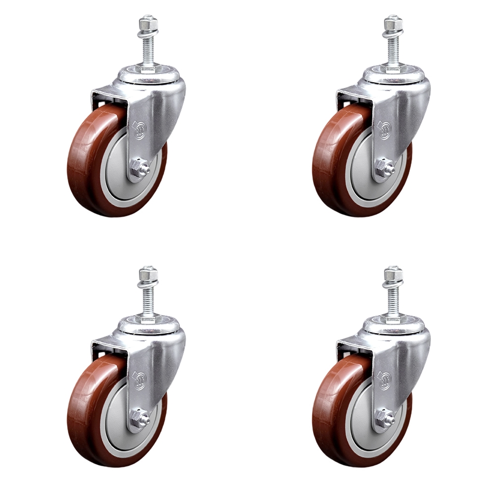SCC-TS20S414-PPUB-MRN-M1015-4 Polyurethane Swivel Threaded Stem Caster with 4 x 1.25 in. Maroon Wheels & 10 mm Stems - Set of 4