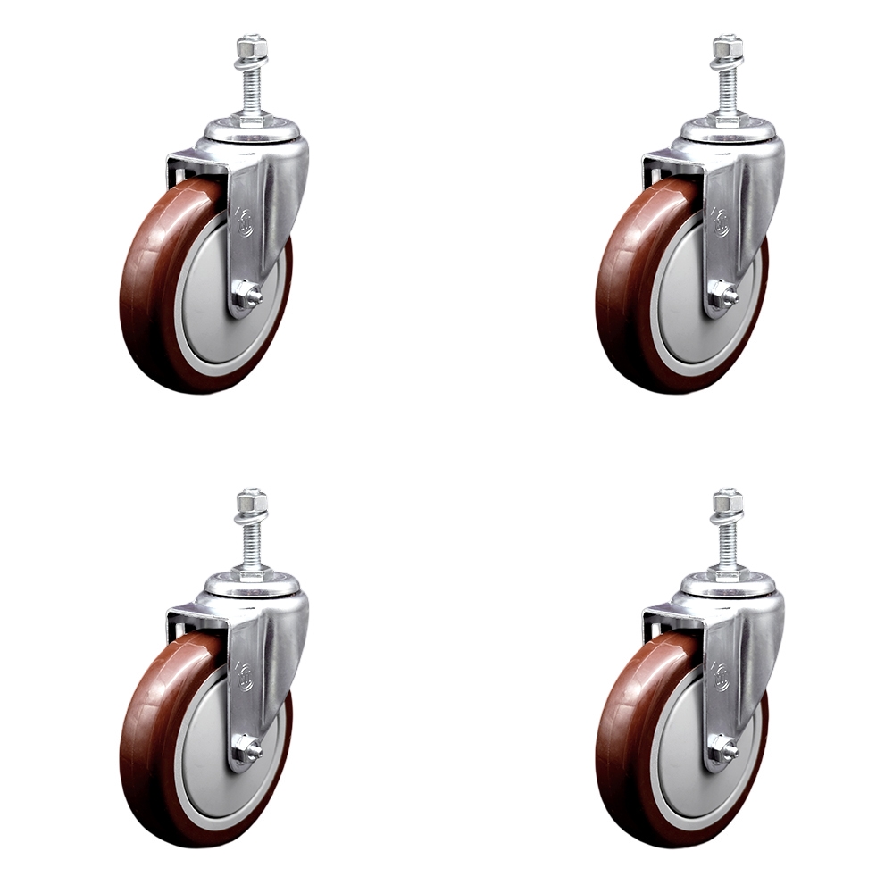 SCC-TS20S514-PPUB-MRN-M1015-4 Polyurethane Swivel Threaded Stem Caster with 5 x 1.25 in. Maroon Wheels & 10 mm Stems - Set of 4