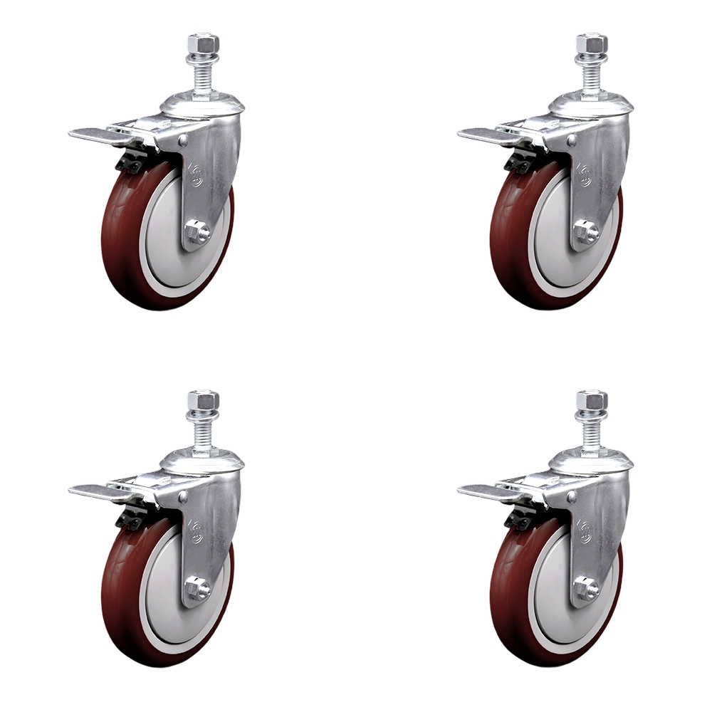 SCC-TSTTL20S514-PPUB-MRN-M1215-4 Polyurethane Swivel Threaded Stem Caster with 5 x 1.25 in. Maroon Wheels & 12 mm Stems - Set of 4