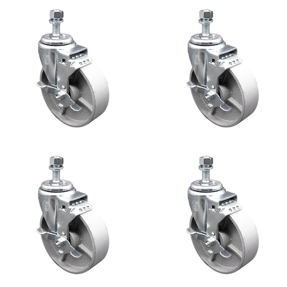 Semi Steel Cast Iron Swivel Threaded Stem Caster with Roller Bearing, 5 x 1.5 in. Silver Wheels & 10 mm Stems - Set of 4