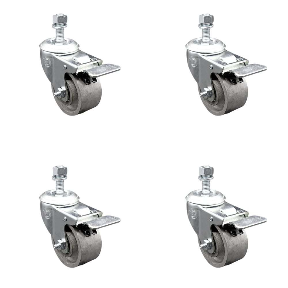Semi Steel Cast Iron Swivel Threaded Stem Caster with 3 x 1.25 in. Silver Wheels & 0.5 in. Stems - Set of 4