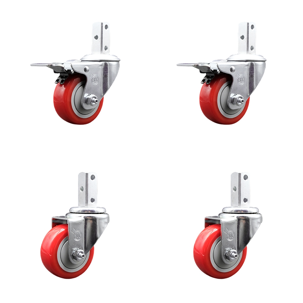 Swivel Square Stem Caster with 3 x 1.25 in. Red Poly Wheel, 0.75 x 2 in. Square Stem with 3 0.26 in. Diameter Mounting Holes - Set of 4