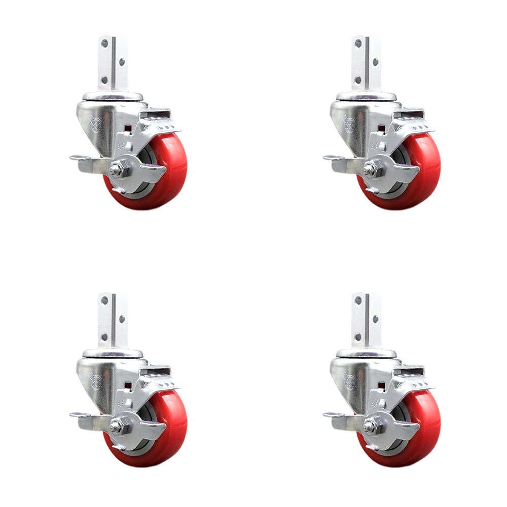 Swivel Square Stem Caster with 3.5 x 1.25 in. Red Poly Wheel, 0.75 x 2 in. Square Stem with 3 0.26 in. Diameter Mounting Holes - Set of 4